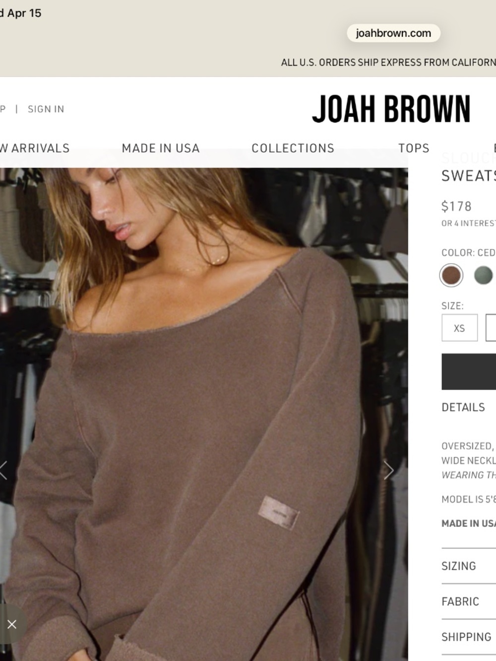 Joah Brown Slouchy Pullover Sweatshirt Cedar French Terry Small - Picture 2 of 7